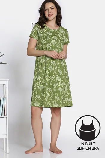 Buy Zivame Nature Trails Knit Cotton Knee Length Nightdress - Turtle Green